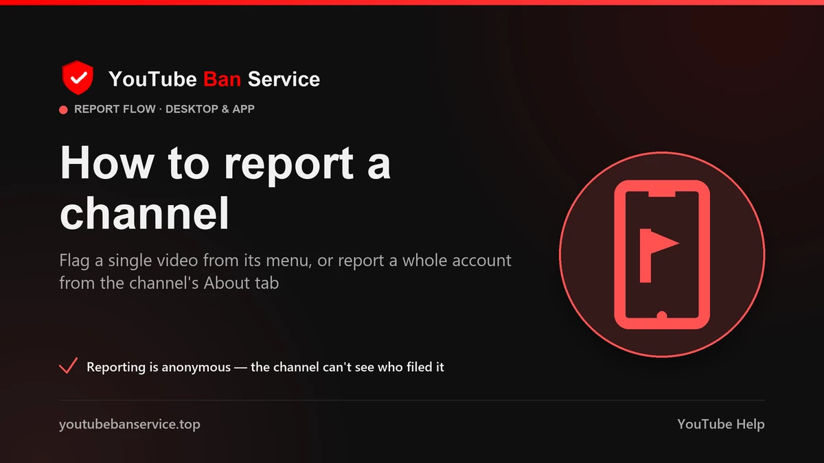 Reporting a YouTube channel from its About tab flags the branding, not the videos, which you flag one by one